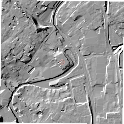 Shaded relief map of the ground around YO17NB, computed from Environment Agency LiDAR. The ground here sits at about 12 m above sea level and falls 18 m across the surrounding 800 m. Surface water reaching this point runs off ground lying to the north-north-east, 1.7 m higher.