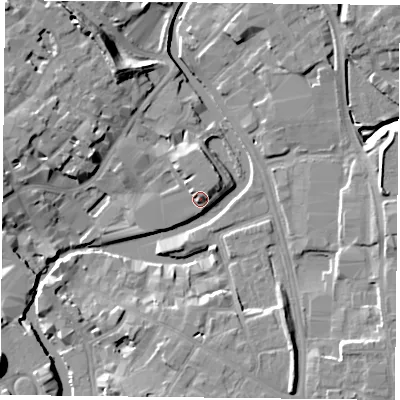 Shaded relief map of the ground around YO17ND, computed from Environment Agency LiDAR. The ground here sits at about 12 m above sea level and falls 16 m across the surrounding 800 m. Surface water reaching this point runs off ground lying to the north-north-east, 1.9 m higher.