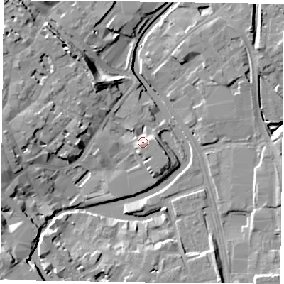 Shaded relief map of the ground around YO17NE, computed from Environment Agency LiDAR. The ground here sits at about 11 m above sea level and falls 13 m across the surrounding 800 m. Surface water reaching this point runs off ground lying to the west-north-west, 6.3 m higher.