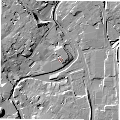 Shaded relief map of the ground around YO17NF, computed from Environment Agency LiDAR. The ground here sits at about 12 m above sea level and falls 19 m across the surrounding 800 m. Surface water reaching this point runs off ground lying to the north-north-east, 2.0 m higher.