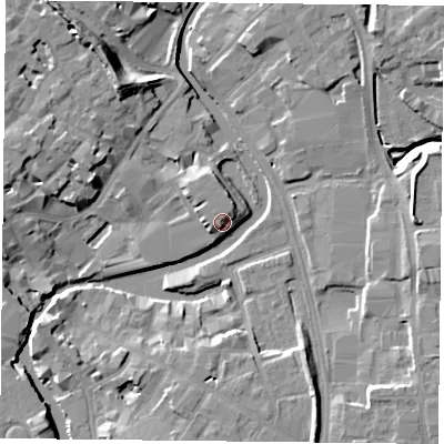 Shaded relief map of the ground around YO17NG, computed from Environment Agency LiDAR. The ground here sits at about 12 m above sea level and falls 13 m across the surrounding 800 m. Surface water reaching this point runs off ground lying to the north, 0.6 m higher.