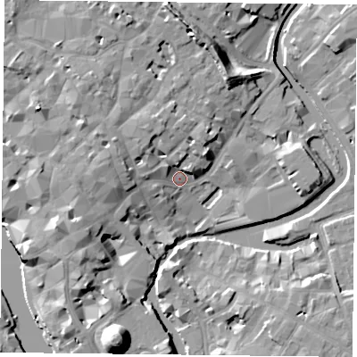 Shaded relief map of the ground around YO17NP, computed from Environment Agency LiDAR. The ground here sits at about 11 m above sea level and falls 19 m across the surrounding 800 m. Surface water reaching this point runs off ground lying to the north-north-west, 5.8 m higher.