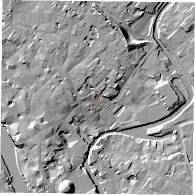 Shaded relief map of the ground around YO17NT, computed from Environment Agency LiDAR. The ground here sits at about 12 m above sea level and falls 19 m across the surrounding 800 m. Surface water reaching this point runs off ground lying to the north-north-west, 5.2 m higher.