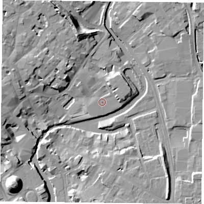 Shaded relief map of the ground around YO17PB, computed from Environment Agency LiDAR. The ground here sits at about 10 m above sea level and falls 18 m across the surrounding 800 m. Surface water reaching this point runs off ground lying to the east-north-east, 2.0 m higher.