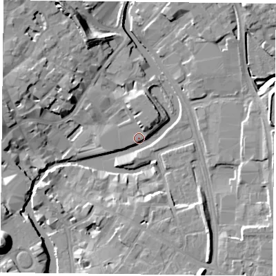 Shaded relief map of the ground around YO17PD, computed from Environment Agency LiDAR. The ground here sits at about 10 m above sea level and falls 19 m across the surrounding 800 m. Surface water reaching this point runs off ground lying to the west-north-west, 9.0 m higher.