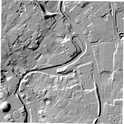 Shaded relief map of the ground around YO17PE, computed from Environment Agency LiDAR. The ground here sits at about 10 m above sea level and falls 19 m across the surrounding 800 m. Surface water reaching this point runs off ground lying to the south-south-east, 9.3 m higher.