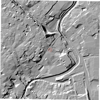 Shaded relief map of the ground around YO17PR, computed from Environment Agency LiDAR. The ground here sits at about 11 m above sea level and falls 12 m across the surrounding 800 m. Surface water reaching this point runs off ground lying to the north-north-west, 8.2 m higher.