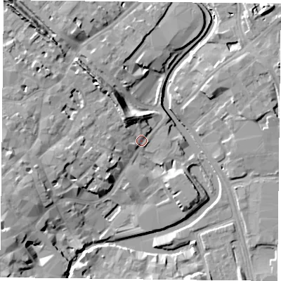 Shaded relief map of the ground around YO17PW, computed from Environment Agency LiDAR. The ground here sits at about 11 m above sea level and falls 12 m across the surrounding 800 m. Surface water reaching this point runs off ground lying to the north-west, 8.8 m higher.