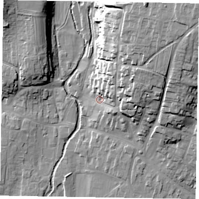 Shaded relief map of the ground around YO187AA, computed from Environment Agency LiDAR. The ground here sits at about 34 m above sea level and falls 33 m across the surrounding 800 m. Surface water reaching this point runs off ground lying to the north-east, 21.9 m higher.