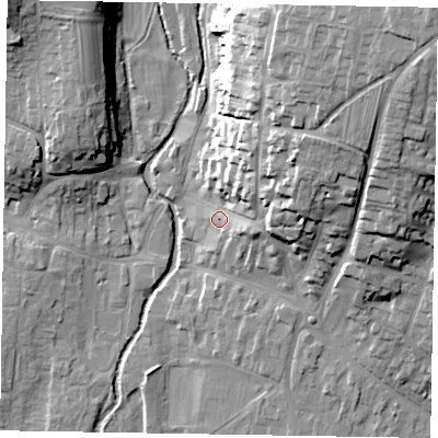 Shaded relief map of the ground around YO187AE, computed from Environment Agency LiDAR. The ground here sits at about 33 m above sea level and falls 33 m across the surrounding 800 m. Surface water reaching this point runs off ground lying to the north-east, 21.7 m higher.