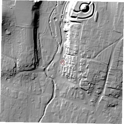 Shaded relief map of the ground around YO187AJ, computed from Environment Agency LiDAR. The ground here sits at about 32 m above sea level and falls 39 m across the surrounding 800 m. Surface water reaching this point runs off ground lying to the north-east, 32.2 m higher.
