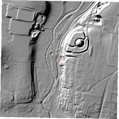 Shaded relief map of the ground around YO187BB, computed from Environment Agency LiDAR. The ground here sits at about 32 m above sea level and falls 39 m across the surrounding 800 m. Surface water reaching this point runs off ground lying to the east-north-east, 30.9 m higher.