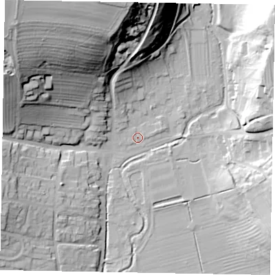 Shaded relief map of the ground around YO187BL, computed from Environment Agency LiDAR. The ground here sits at about 35 m above sea level and falls 54 m across the surrounding 800 m. Surface water reaching this point runs off ground lying to the north, 34.1 m higher.