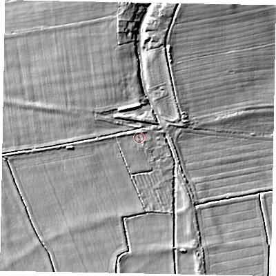 Shaded relief map of the ground around YO187BP, computed from Environment Agency LiDAR. The ground here sits at about 24 m above sea level and falls 10 m across the surrounding 800 m. Surface water reaching this point runs off ground lying to the north-north-east, 7.0 m higher.