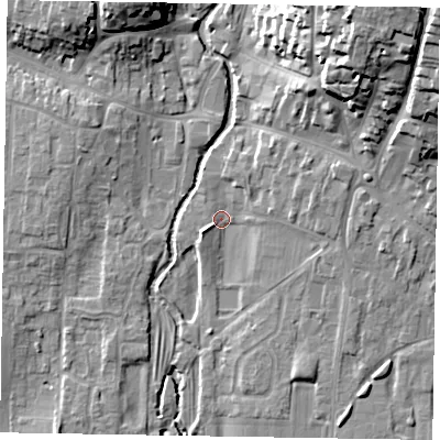 Shaded relief map of the ground around YO187DA, computed from Environment Agency LiDAR. The ground here sits at about 31 m above sea level and falls 27 m across the surrounding 800 m. Surface water reaching this point runs off ground lying to the east-north-east, 3.4 m higher.