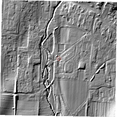 Shaded relief map of the ground around YO187DB, computed from Environment Agency LiDAR. The ground here sits at about 31 m above sea level and falls 15 m across the surrounding 800 m. Surface water reaching this point runs off ground lying to the north-east, 4.5 m higher.