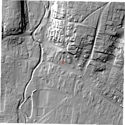 Shaded relief map of the ground around YO187DG, computed from Environment Agency LiDAR. The ground here sits at about 34 m above sea level and falls 32 m across the surrounding 800 m. Surface water reaching this point runs off ground lying to the north-east, 21.4 m higher.