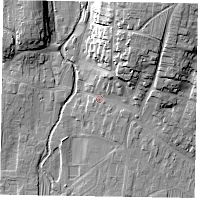 Shaded relief map of the ground around YO187DL, computed from Environment Agency LiDAR. The ground here sits at about 33 m above sea level and falls 31 m across the surrounding 800 m. Surface water reaching this point runs off ground lying to the north-east, 21.8 m higher.