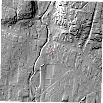 Shaded relief map of the ground around YO187EY, computed from Environment Agency LiDAR. The ground here sits at about 32 m above sea level and falls 30 m across the surrounding 800 m. Surface water reaching this point runs off ground lying to the north-east, 1.8 m higher.