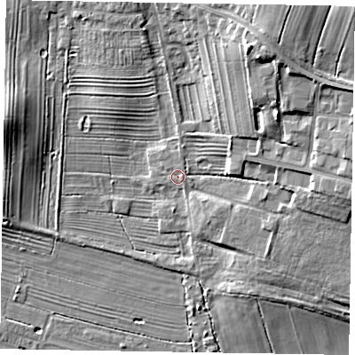 Shaded relief map of the ground around YO187JA, computed from Environment Agency LiDAR. The ground here sits at about 28 m above sea level and falls 13 m across the surrounding 800 m. Surface water reaching this point runs off ground lying to the east-south-east, 1.0 m higher.