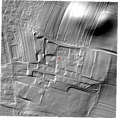 Shaded relief map of the ground around YO187JB, computed from Environment Agency LiDAR. The ground here sits at about 32 m above sea level and falls 25 m across the surrounding 800 m. Surface water reaching this point runs off ground lying to the north-east, 18.9 m higher.