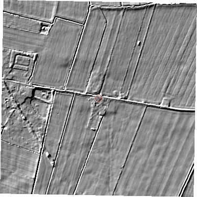 Shaded relief map of the ground around YO187JP, computed from Environment Agency LiDAR. The ground here sits at about 23 m above sea level and falls 4 m across the surrounding 800 m. Surface water reaching this point runs off ground lying to the west-north-west, 1.0 m higher.