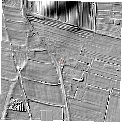 Shaded relief map of the ground around YO187JW, computed from Environment Agency LiDAR. The ground here sits at about 27 m above sea level and falls 12 m across the surrounding 800 m. Surface water reaching this point runs off ground lying to the north-west, 0.8 m higher.