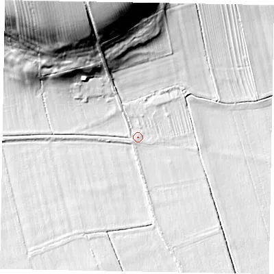 Shaded relief map of the ground around YO187LB, computed from Environment Agency LiDAR. The ground here sits at about 23 m above sea level and falls 32 m across the surrounding 800 m. Surface water reaching this point runs off ground lying to the north-north-west, 29.6 m higher.