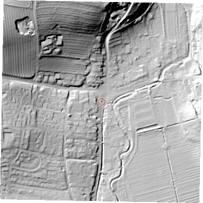Shaded relief map of the ground around YO187LF, computed from Environment Agency LiDAR. The ground here sits at about 34 m above sea level and falls 51 m across the surrounding 800 m. Surface water reaching this point runs off ground lying to the north-west, 48.2 m higher.