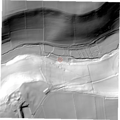 Shaded relief map of the ground around YO187LL, computed from Environment Agency LiDAR. The ground here sits at about 48 m above sea level and falls 79 m across the surrounding 800 m. Surface water reaching this point runs off ground lying to the north-north-east, 76.1 m higher.