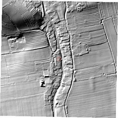 Shaded relief map of the ground around YO187PG, computed from Environment Agency LiDAR. The ground here sits at about 35 m above sea level and falls 36 m across the surrounding 800 m. Surface water reaching this point runs off ground lying to the north-west, 25.6 m higher.