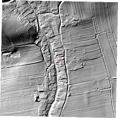 Shaded relief map of the ground around YO187PH, computed from Environment Agency LiDAR. The ground here sits at about 37 m above sea level and falls 34 m across the surrounding 800 m. Surface water reaching this point runs off ground lying to the north, 2.0 m higher.