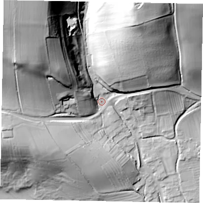 Shaded relief map of the ground around YO187PJ, computed from Environment Agency LiDAR. The ground here sits at about 50 m above sea level and falls 80 m across the surrounding 800 m. Surface water reaching this point runs off ground lying to the north-west, 61.1 m higher.