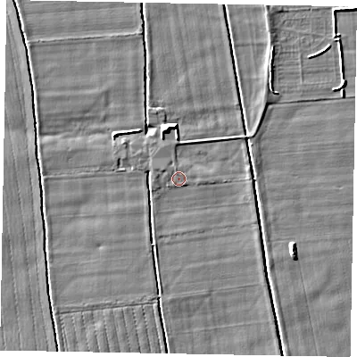 Shaded relief map of the ground around YO187PQ, computed from Environment Agency LiDAR. The ground here sits at about 22 m above sea level and falls 6 m across the surrounding 800 m. Surface water reaching this point runs off ground lying to the west-north-west, 1.8 m higher.