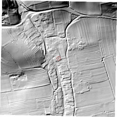 Shaded relief map of the ground around YO187PR, computed from Environment Agency LiDAR. The ground here sits at about 42 m above sea level and falls 54 m across the surrounding 800 m. Surface water reaching this point runs off ground lying to the north, 5.8 m higher.