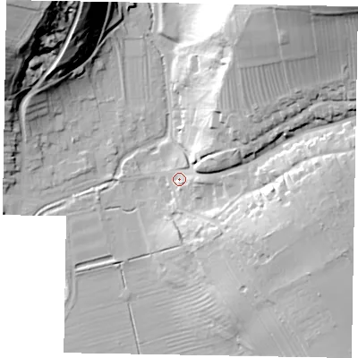 Shaded relief map of the ground around YO187QH, computed from Environment Agency LiDAR. The ground here sits at about 40 m above sea level and falls 58 m across the surrounding 800 m. Surface water reaching this point runs off ground lying to the north-east, 51.5 m higher.