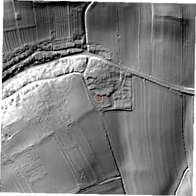 Shaded relief map of the ground around YO187QR, computed from Environment Agency LiDAR. The ground here sits at about 65 m above sea level and falls 47 m across the surrounding 800 m. Surface water reaching this point runs off ground lying to the north, 2.9 m higher.