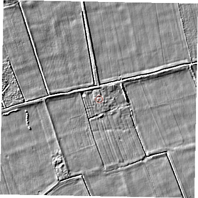Shaded relief map of the ground around YO187QY, computed from Environment Agency LiDAR. The ground here sits at about 21 m above sea level and falls 3 m across the surrounding 800 m. Surface water reaching this point runs off ground lying to the north-north-west, 0.7 m higher.