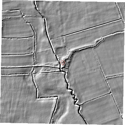 Shaded relief map of the ground around YO187RA, computed from Environment Agency LiDAR. The ground here sits at about 22 m above sea level and falls 4 m across the surrounding 800 m. Surface water reaching this point runs off ground lying to the north-north-west, 2.4 m higher.