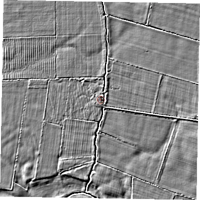 Shaded relief map of the ground around YO187RB, computed from Environment Agency LiDAR. The ground here sits at about 22 m above sea level and falls 4 m across the surrounding 800 m. Surface water reaching this point runs off ground lying to the north-east, 2.0 m higher.
