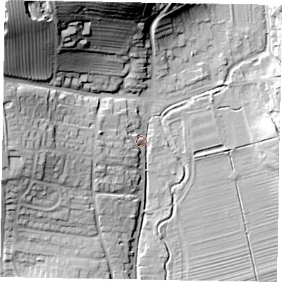 Shaded relief map of the ground around YO187RJ, computed from Environment Agency LiDAR. The ground here sits at about 34 m above sea level and falls 48 m across the surrounding 800 m. Surface water reaching this point runs off ground lying to the north-west, 44.2 m higher.