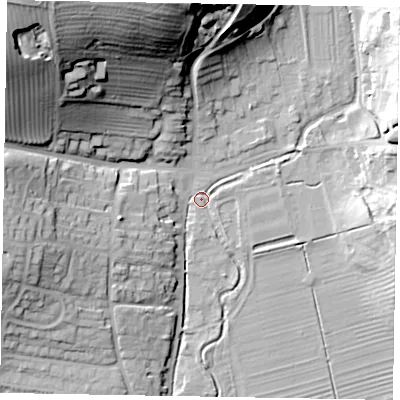 Shaded relief map of the ground around YO187RN, computed from Environment Agency LiDAR. The ground here sits at about 34 m above sea level and falls 51 m across the surrounding 800 m. Surface water reaching this point runs off ground lying to the north-west, 47.9 m higher.