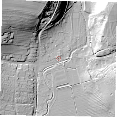 Shaded relief map of the ground around YO187RP, computed from Environment Agency LiDAR. The ground here sits at about 35 m above sea level and falls 54 m across the surrounding 800 m. Surface water reaching this point runs off ground lying to the north-east, 43.6 m higher.
