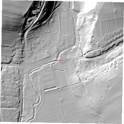 Shaded relief map of the ground around YO187RR, computed from Environment Agency LiDAR. The ground here sits at about 36 m above sea level and falls 53 m across the surrounding 800 m. Surface water reaching this point runs off ground lying to the east-south-east, 26.5 m higher.
