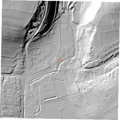 Shaded relief map of the ground around YO187RS, computed from Environment Agency LiDAR. The ground here sits at about 36 m above sea level and falls 63 m across the surrounding 800 m. Surface water reaching this point runs off ground lying to the north-east, 58.4 m higher.