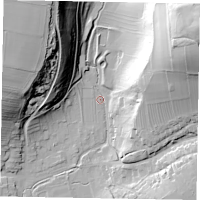Shaded relief map of the ground around YO187RT, computed from Environment Agency LiDAR. The ground here sits at about 37 m above sea level and falls 70 m across the surrounding 800 m. Surface water reaching this point runs off ground lying to the north-east, 67.0 m higher.