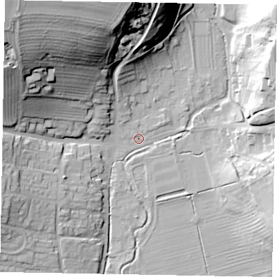 Shaded relief map of the ground around YO187RW, computed from Environment Agency LiDAR. The ground here sits at about 34 m above sea level and falls 53 m across the surrounding 800 m. Surface water reaching this point runs off ground lying to the north-north-west, 48.0 m higher.