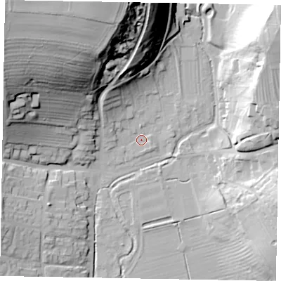 Shaded relief map of the ground around YO187RZ, computed from Environment Agency LiDAR. The ground here sits at about 35 m above sea level and falls 56 m across the surrounding 800 m. Surface water reaching this point runs off ground lying to the north, 33.4 m higher.