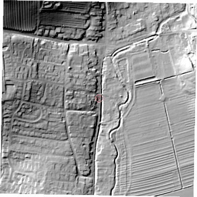 Shaded relief map of the ground around YO187SA, computed from Environment Agency LiDAR. The ground here sits at about 33 m above sea level and falls 43 m across the surrounding 800 m. Surface water reaching this point runs off ground lying to the north-west, 37.0 m higher.