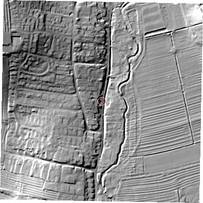 Shaded relief map of the ground around YO187SD, computed from Environment Agency LiDAR. The ground here sits at about 31 m above sea level and falls 32 m across the surrounding 800 m. Surface water reaching this point runs off ground lying to the north-west, 24.5 m higher.
